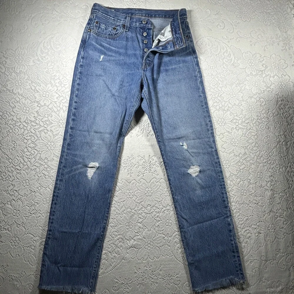 Levis 501 Jeans Mens 31x27 Distressed Button Fly Raw Hem Denim Pants